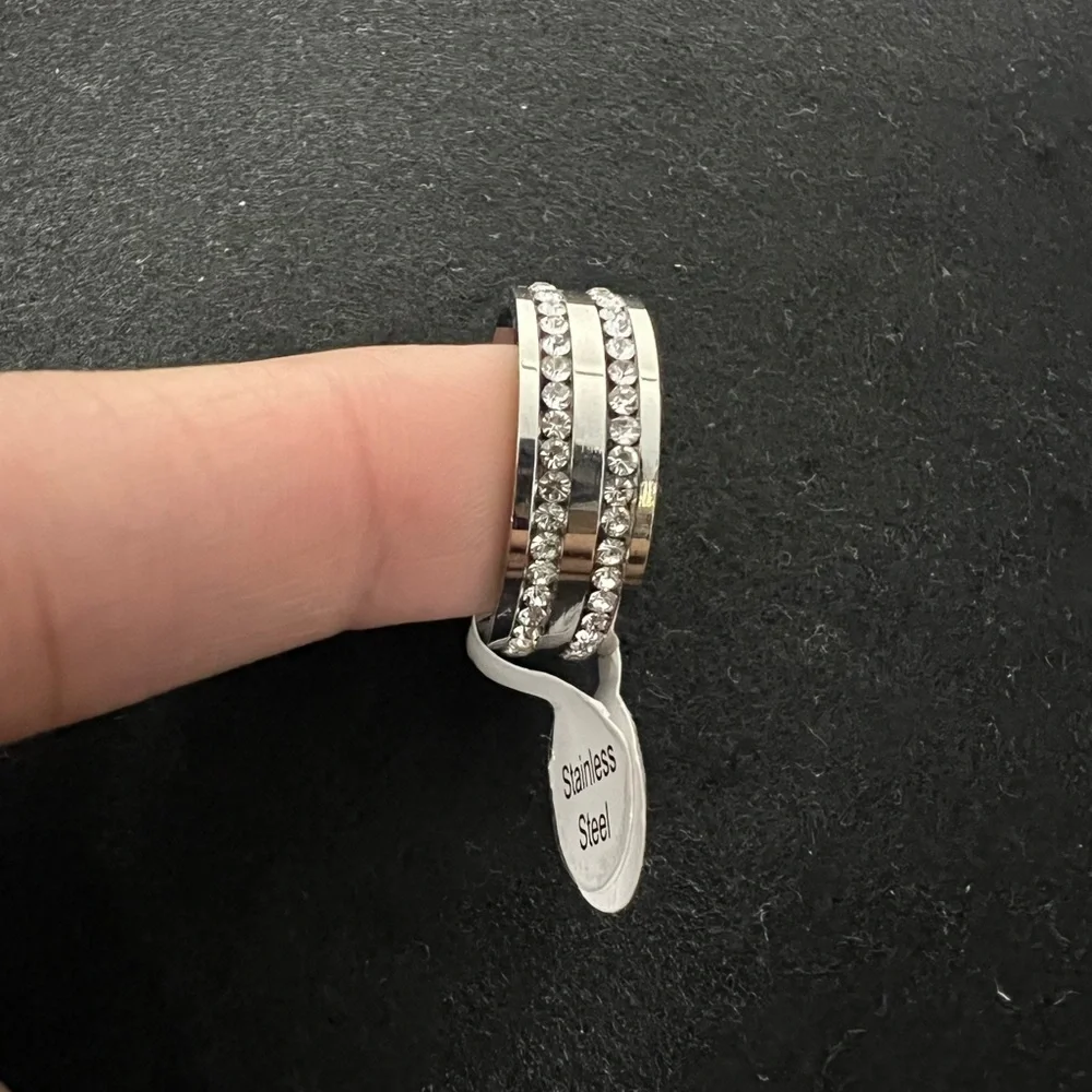 Men's Crystal Cubic Zirconia Double Row Stainless Steel Ring Size 10 New